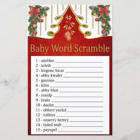 Kerstmis Gold Tree Baby word scramble game (Voorkant)
