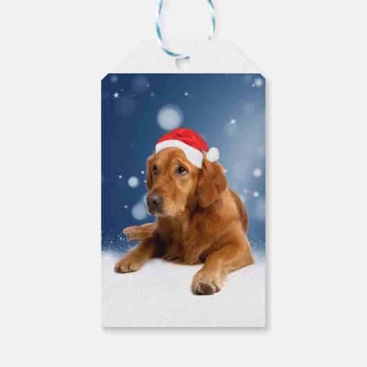 Kerstmis: Golden Retriever Dog Santa Hat Snow Cadeaulabel (Achterkant)