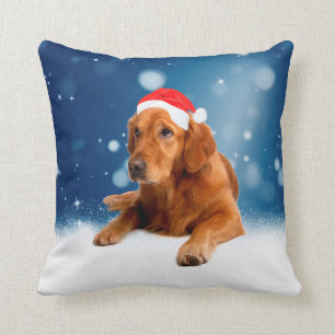 Kerstmis: Golden Retriever Dog Santa Hat Snow Kussen