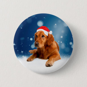 Kerstmis: Golden Retriever Dog Santa Hat Snow Ronde Button 5,7 Cm
