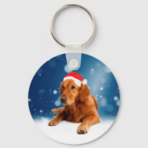 Kerstmis: Golden Retriever Dog Santa Hat Snow Sleutelhanger