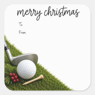 Kerstmis golfen met golfbal kerstman hoed op groen vierkante sticker