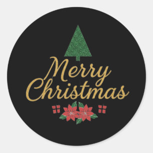 Kerstmis Goud Schrift met Poinsettia & Boom Ronde Sticker
