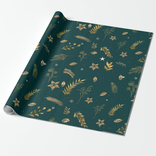 Kerstmis Gouden Boog Modern Groen Cadeaupapier (Uitgerold)