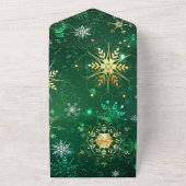 Kerstmis Gouden Sneeuwvlokken op Groene Achtergron All In One Uitnodiging (Buitenkant)