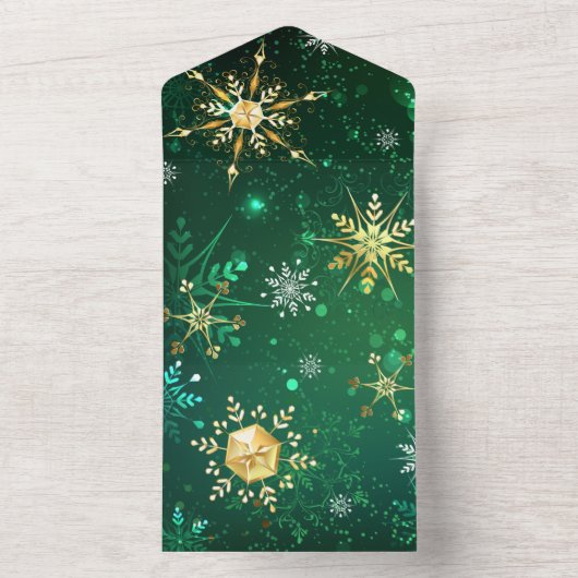 Kerstmis Gouden Sneeuwvlokken op Groene Achtergron All In One Uitnodiging (Binnen)
