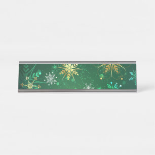 Kerstmis Gouden Sneeuwvlokken op Groene Achtergron Bureau Naambordje
