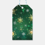 Kerstmis Gouden Sneeuwvlokken op Groene Achtergron Cadeaulabel (Achterkant)