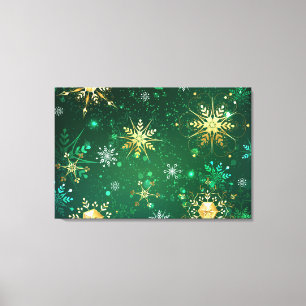 Kerstmis Gouden Sneeuwvlokken op Groene Achtergron Canvas Afdruk