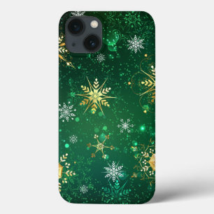 Kerstmis Gouden Sneeuwvlokken op Groene Achtergron iPhone 13 Hoesje