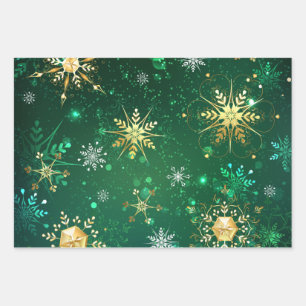 Kerstmis Gouden Sneeuwvlokken op Groene Achtergron Inpakpapier Vel