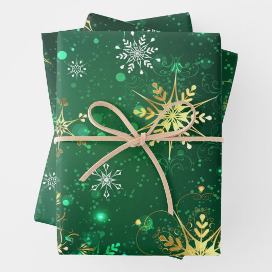 Kerstmis Gouden Sneeuwvlokken op Groene Achtergron Inpakpapier Vel (In situ)