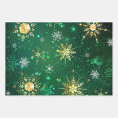 Kerstmis Gouden Sneeuwvlokken op Groene Achtergron Inpakpapier Vel (Voorkant)