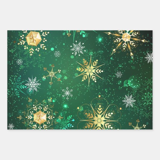 Kerstmis Gouden Sneeuwvlokken op Groene Achtergron Inpakpapier Vel (Voorkant)
