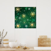 Kerstmis Gouden Sneeuwvlokken op Groene Achtergron Poster (Keuken)