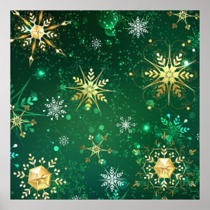 Kerstmis Gouden Sneeuwvlokken op Groene Achtergron Poster