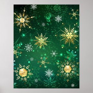 Kerstmis Gouden Sneeuwvlokken op Groene Achtergron Poster