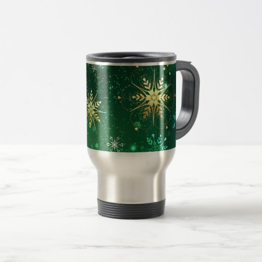 Kerstmis Gouden Sneeuwvlokken op Groene Achtergron Reisbeker (Voorkant rechts)