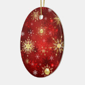 Kerstmis Gouden Sneeuwvlokken op Rode Achtergrond Keramisch Ornament (Links)