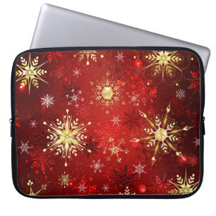 Kerstmis Gouden Sneeuwvlokken op Rode Achtergrond Laptop Sleeve