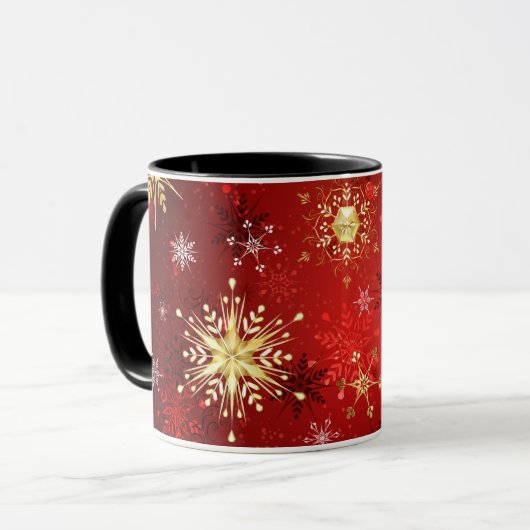 Kerstmis Gouden Sneeuwvlokken op Rode Achtergrond Mok (Voorkant links)