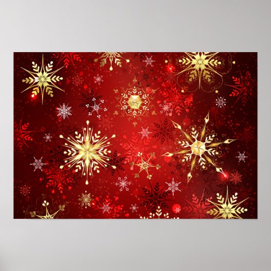 Kerstmis Gouden Sneeuwvlokken op Rode Achtergrond Poster (Voorkant)