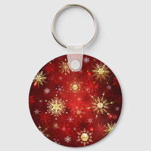 Kerstmis Gouden Sneeuwvlokken op Rode Achtergrond Sleutelhanger