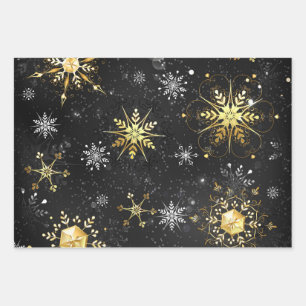 Kerstmis Gouden Sneeuwvlokken op Zwarte Achtergron Inpakpapier Vel