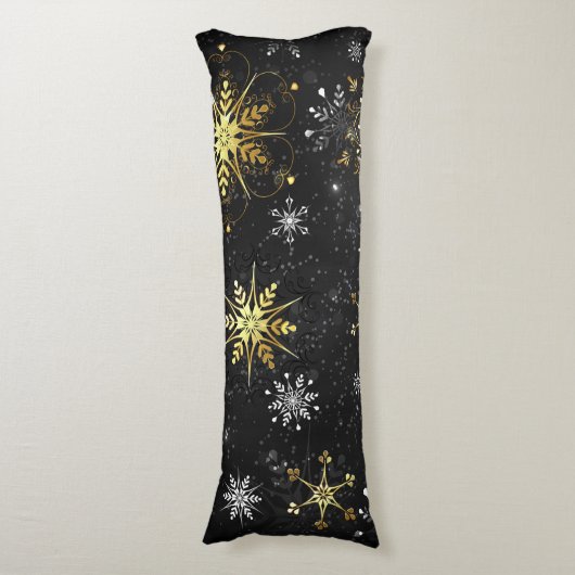 Kerstmis Gouden Sneeuwvlokken op Zwarte Achtergron Lichaamskussen (Voorkant Verticaal)