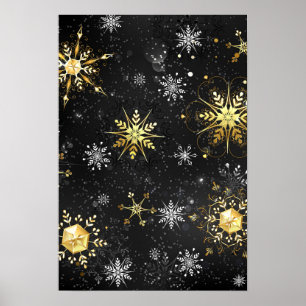 Kerstmis Gouden Sneeuwvlokken op Zwarte Achtergron Poster