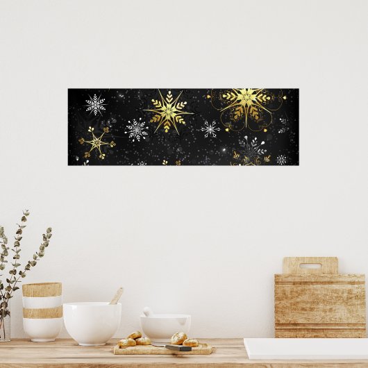 Kerstmis Gouden Sneeuwvlokken op Zwarte Achtergron Poster (Keuken)