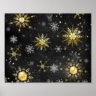 Kerstmis Gouden Sneeuwvlokken op Zwarte Achtergron Poster