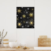 Kerstmis Gouden Sneeuwvlokken op Zwarte Achtergron Poster (Keuken)