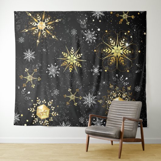 Kerstmis Gouden Sneeuwvlokken op Zwarte Achtergron Wandkleed (In Situ (horizontaal))