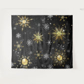 Kerstmis Gouden Sneeuwvlokken op Zwarte Achtergron Wandkleed (Voorkant (horizontaal))