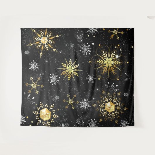 Kerstmis Gouden Sneeuwvlokken op Zwarte Achtergron Wandkleed (Voorkant (horizontaal))