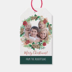 Kerstmis - Green Peony Rozen Floral Foto Cadeaulabel