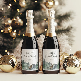 Kerstmis Groen Aquarel Dennenbos Vakantie Wijn Etiket