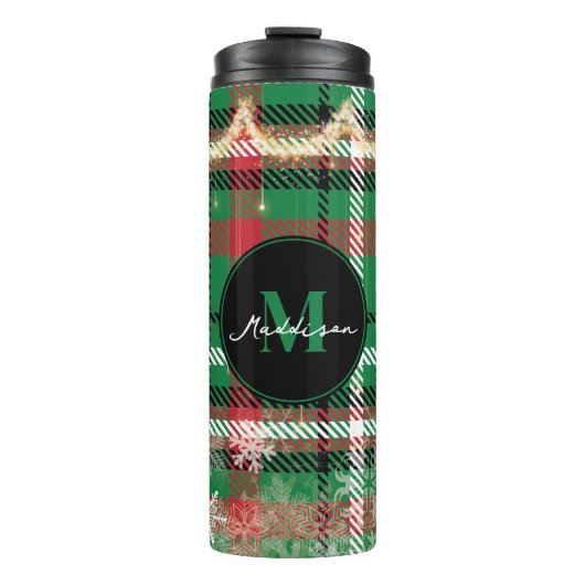Kerstmis groen en rood geruite monogram thermosbeker (Voorkant)