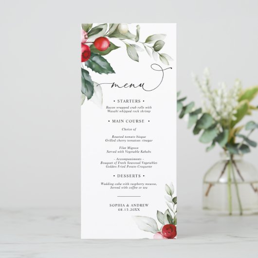 Kerstmis groen & rode bessen bruiloft Menu (Staand voorkant)