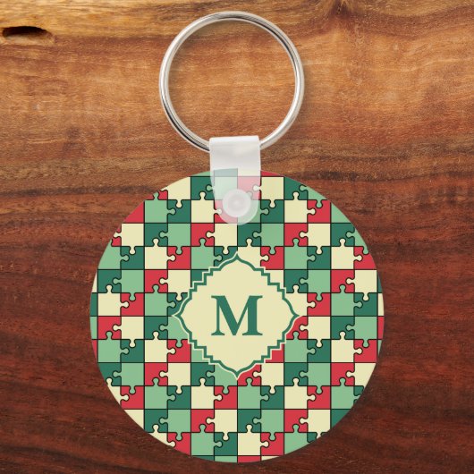Kerstmis Groene Rode Puzzel Stuk Monogram Sleutelhanger (Voorkant)