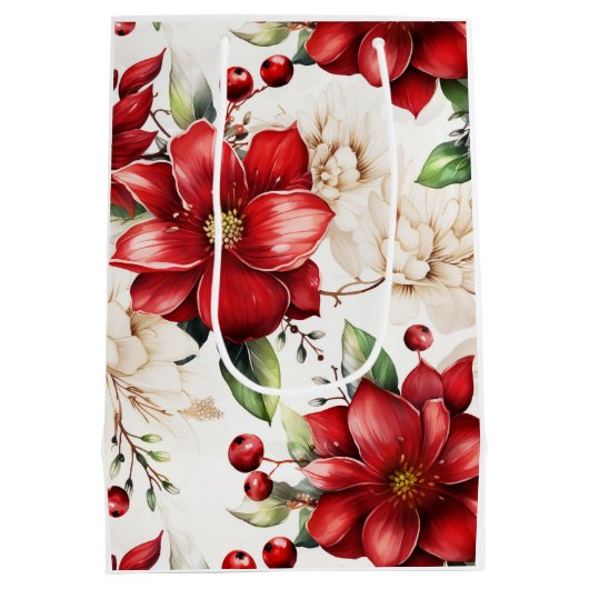 Kerstmis Grote Bloem Poinsettia Rood Groen Patroon Medium Cadeauzakje (Achterkant)