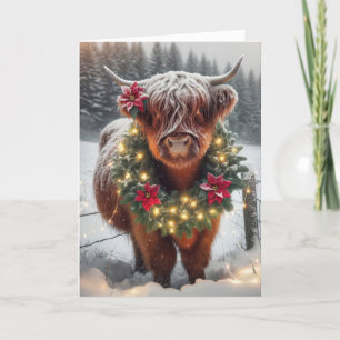 Kerstmis Highland-kalf met krans Feestdagen Kaart