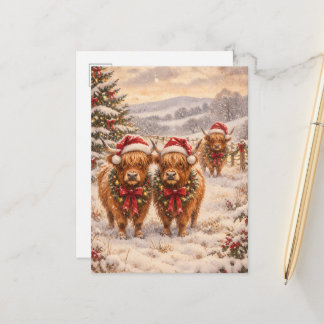 Kerstmis Highland Koeien – Festieve Watercolor Kun Feestdagenkaart