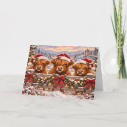 Kerstmis Highland Koeien – Festieve Watercolor Kun Kaart