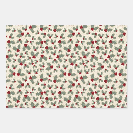Kerstmis - Holly Berries en Leaves Inpakpapier Vel (Voorkant)