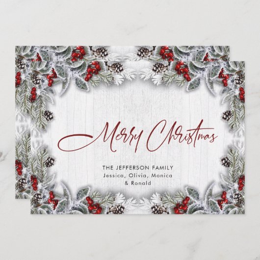 Kerstmis Holly Berry Pine Rustic Wood Greeting Feestdagenkaart (Voorkant / Achterkant)