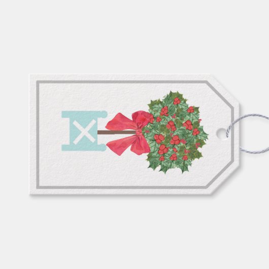 Kerstmis Holly Berry Topiary Robin's Egg Blue Cadeaulabel (Voorkant (Horizontaal))