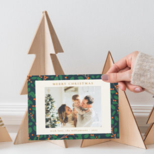 Kerstmis Holly Botanical Greenery Two Photo Navy Feestdagenkaart