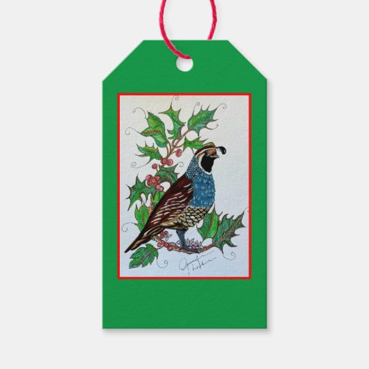 Kerstmis Holly Kwartel Cadeaulabel (Voorkant)